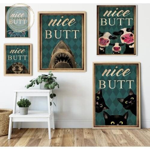 Nordic Funny Nice Butt Canvas Painting Abstract Black Cat Shark Cow Dog Retro Art Posters and Prints Home Decor Toilet Bathroom