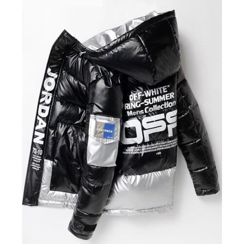 New mens padded jacket winter hooded thick padded cotton jacket bright face collar printing fashion trend mens clothing