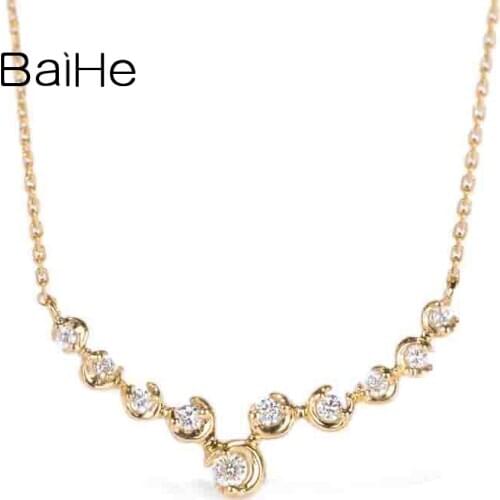 BAIHE Solid 18K Yellow Gold H/SI Real Natural Diamonds Woman Necklace V-shaped Crescent Necklace Wedding Gift New Fine Jewelry