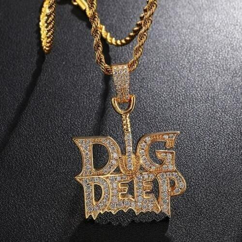 D&Z Iced Out Bling CZ Stones Letter ''DIG DEEP'' Pendant Micro Paved AAA CZ Hip Hop Gold Silver Color Charm Chains Jewelry Gift