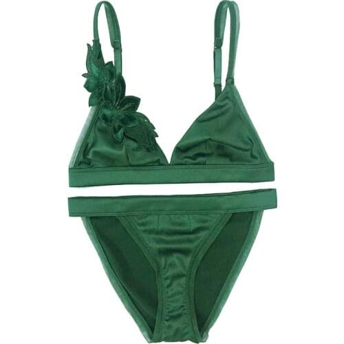CLEARANCE SALE Green Lingreie Ultra-Thin Satin Bra and Panties Set Mesh Wireless Padless French Bralette Womens Underwear