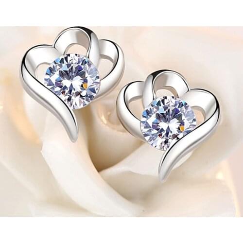 Luxury Female Natural White Crystal Earrings Real 925 Sterling Silver Wedding Earrings For Women Cute Love Heart Stud Earrings