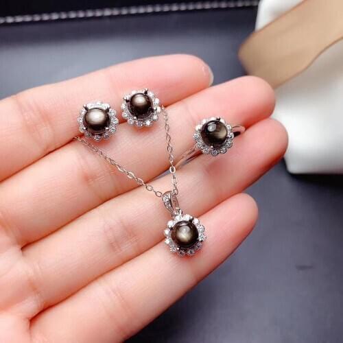 The best gift for Anniversary Sapphire jewelry set Natural Real Sapphire 925 sterling silver 1pc pendant,1pc ring,2pcs Earring