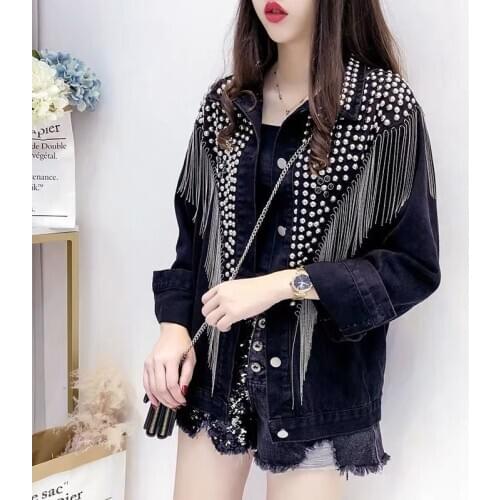 IHOBBY streetwear denim jacket women hand studded rivet tassel chain short loose jeans jacket