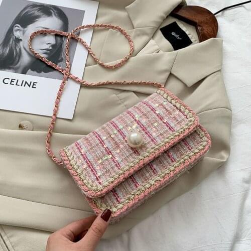 Womens Shoulder Crossbody Bag Cute Square Sequins Weaving Vintage Plaid Pearl Luxury Wholesale 2021 New Fashion Female Bags