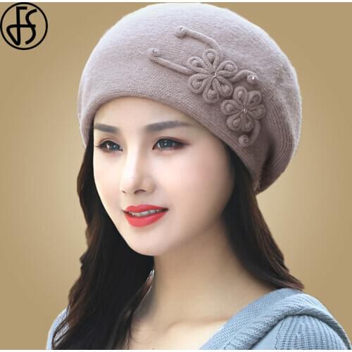 FS Winter Hats For Women Beret Knitted Rabbit Fur Beanie Hats Flowers Thick Warm Skullies Ladies Female Wool Caps Girls Gorros