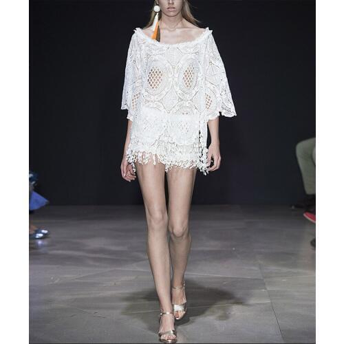 See Orange Sexy White Hollow Out Lace Blouse Black Tassel Shorts Set Womens Two Piece Sets Hot Summer Bohemian Sets