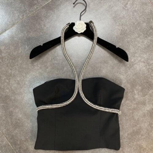 FABPOP 2021 Summer New Design High Quality Diamonds Chain Halter Sleeveless Backless Tank Tops Women Crop Top GB515
