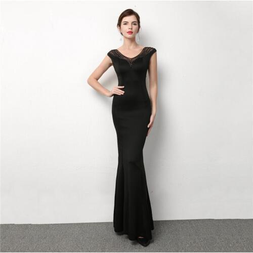 Corzzet Women Sexy Elegant Black O-Neck Cotton& Mesh Gemstone Beads Backless Long Mermaid Slim Celebrity Party Dresses