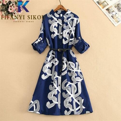 Spring Summer Women Shirt Dress Single Breasted V-Neck Fashion Print Mid Long Dress Female Loose Plus Size Long Sleeve Dresses