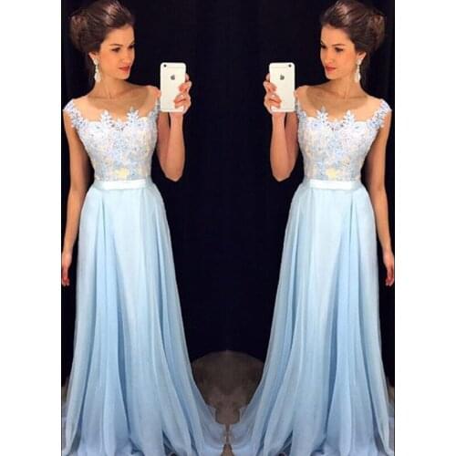 Vestido De Noche Woman Top Lace Prom Gown Scoop Neck Floor Length Chiffon Elegant Wedding Party Dress