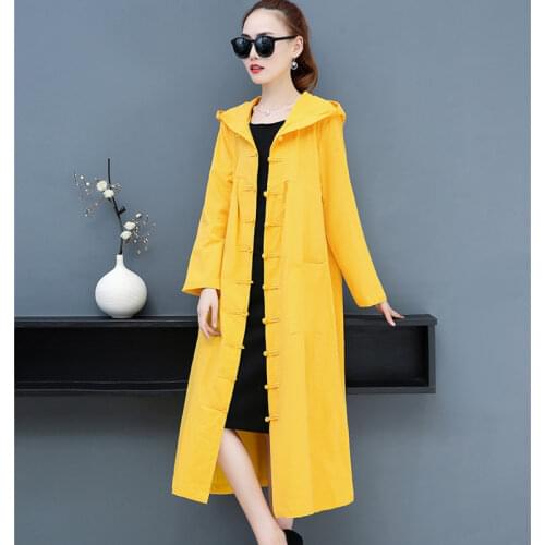 #5616 Yellow Black Blue Red Vintage Trench Coat For Women Loose Cotton Linen X-Long Coat Women Retro Windbreaker Ladies Thin