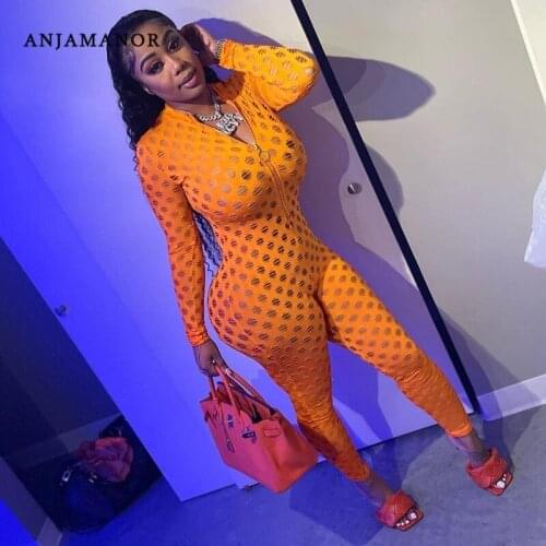ANJAMANOR Hollow Out Front Zipper Long Sleeve Bodycon Jumpsuit See Through Club Outfits Women Sexy Winter Clothes D29-DA56