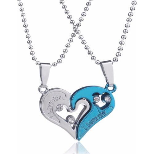 Bespmosp 24PCS/Lot Wholesale Trendy Blue Broken Heart Crystal Pendant Necklace "I Love You" Forever Women Couple Lovers