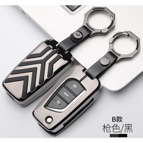 Zinc Alloy Car Key Case Cover for Toyota Camry Flip Blade Gray Alloy Stripe Key Chain Fob Case Cover 2018-up