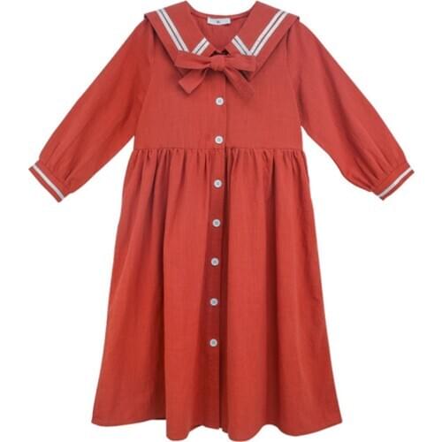 6 to 16 years kids & teenager girls long sleeve sailor collar cotton casual midi flare dress children buttoned fall winter dress