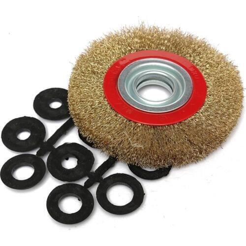 HLZS-1Pcs 8 Inch 200mm Steel Flat Wire Wheel Brush with 10pcs Adaptor Rings For Bench Grinder Polish