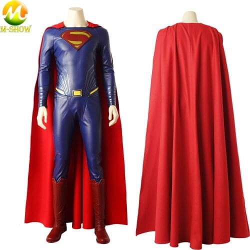 Superhero Cosplay Clark Kent Role Playing Costume Jumpsuit Cape with Boots Full Set Halloween Fancy Suit for Adult Men Any Size