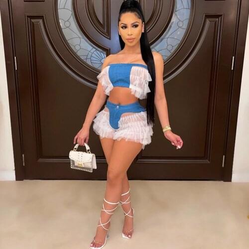 Sexy Sheer Mesh Ruffles Patchwork Two Piece Short Set for Women Birthday Club Outfits Strapless Crop Top and Shorts Sets Female