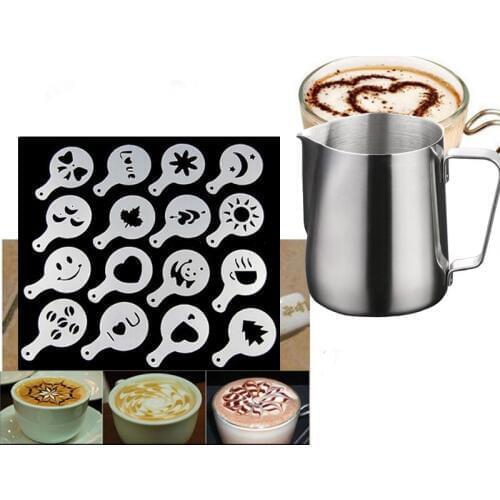 Stainless Steel Coffee Tool Frothing Pitcher Pull Flower Cup 16PCS/set Cafe Foam Template Barista Stencils Decoration Tool