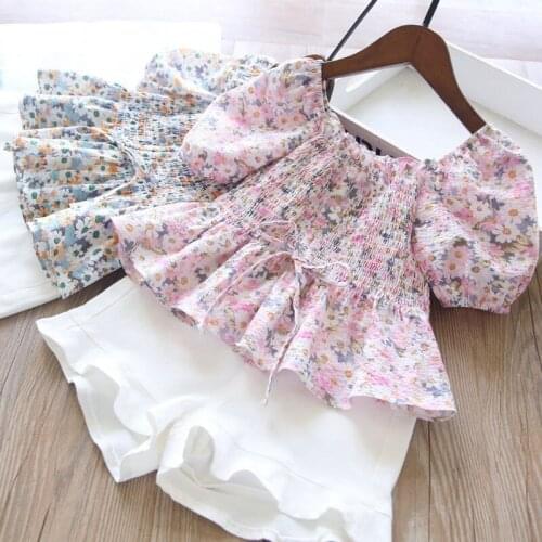 Summer Girls Clothes Puff Sleeve Floral Shirts White Shirts Two Piece Matching Suit for Kids New Sweet Toddler Children Outfit