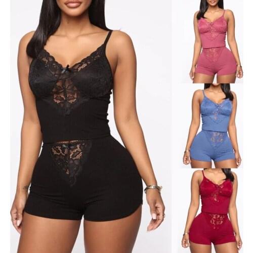 Summer Womens Pajamas Lace Stitching Perspective Bow Sexy Pajamas 2pcs Tops+Pants Lady Sexy Pajamas