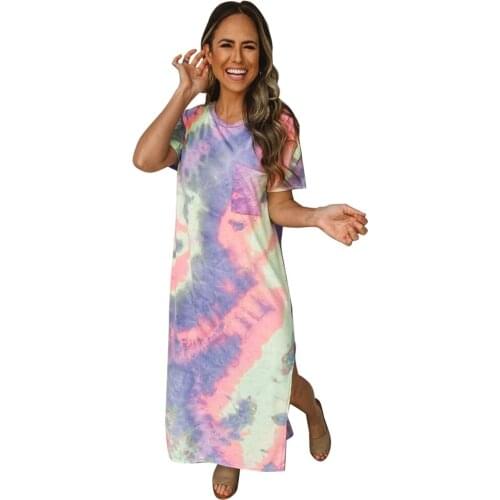 Fashion Women Dress Tie Dyed O Neck Short Sleeve Split Girl Casual Long Dress Summer