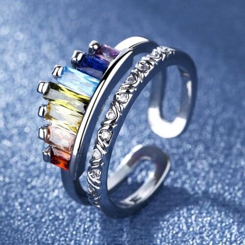 Fashion Boho Lovely Rainbow Heart Open Rings Engagement Zircon Vintage Crown LGBT Wedding Adjustable Finger Ring For Girls Gifts