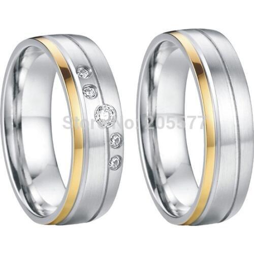 Gold plating custom health titanium cz stone wedding rings setting couple ring set for women and men 2014