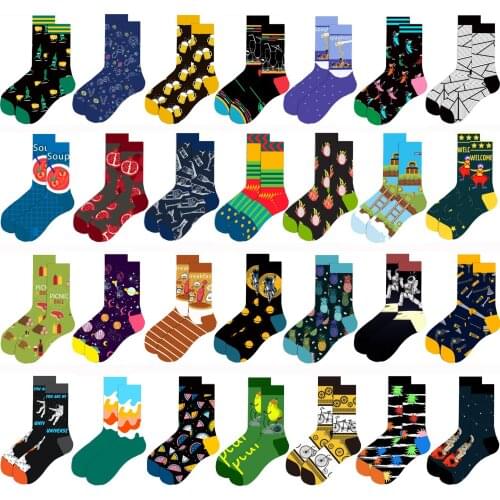 New Cotton Mens Mid-tube Sports Socks Astronaut Pre-dinner Soup Pizza Vegetable Salad Breakfast Pasta Cube Coffee Trend Fun