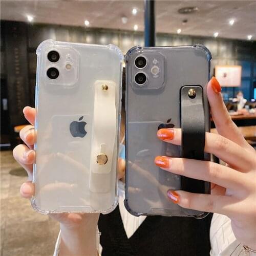 Solid Color Wrist Strap Clear Phone Case for iPhone 12 Mini 11 Pro XS Max Wristband Hand Holder Soft TPU Shockproof Back Cover