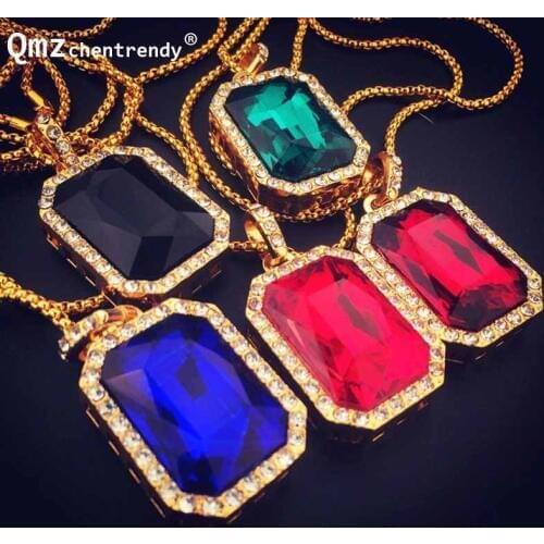 Hip hop Bling Iced Out Big Black Red Blue Square Stone Gem Pendant Necklace Box Chain imitation Gemstone Necklace Fine Jewelry