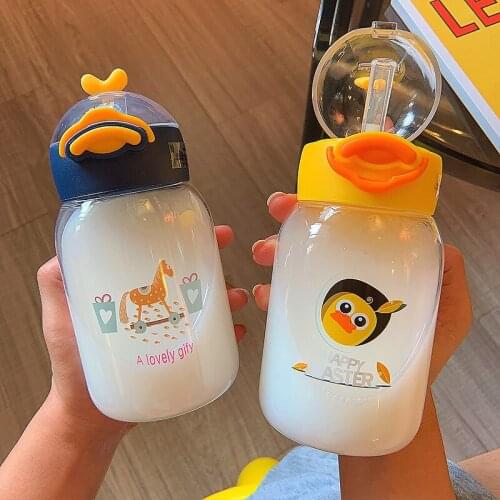 Cartoon Cute Duck Plastic Water Bottle Anti-fall Summer Children Straw Water Cup Portable Leakproof Girl Student Baby Sippy Cups