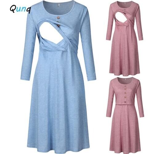 Qunq Nursing Dresses Breastfeeding Clothing for Women Long Sleeve O-neck Pregnancy Dress 2020 New Spring Fall Maternity Gown
