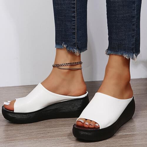 Rimocy White Wedges Heels Summer Slippers Women Vintage Pu Leather Thick Platform Sandals Woman Peep Toe Outdoor Beach Slides