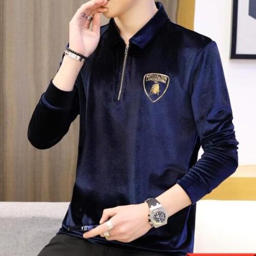 Roayl Blue Elastic Velour Mens Long Sleeve T-shirts High Quality Velvet Luxury Designer Clothes Stretch 2021 Winter Dress Collar