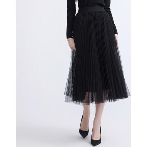 Spring Summer Gothic Black White Long Mesh Skirt Vintage England Preppy Style High Street Elastic Waist Basic Accordion Skirts