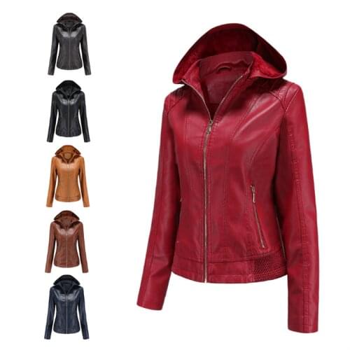 2021 New Arrival Autumn Winter PU Leather Coat Women Fashion Hooded Collar Velvet Keep Warm Short Womens Leather Jacket XL