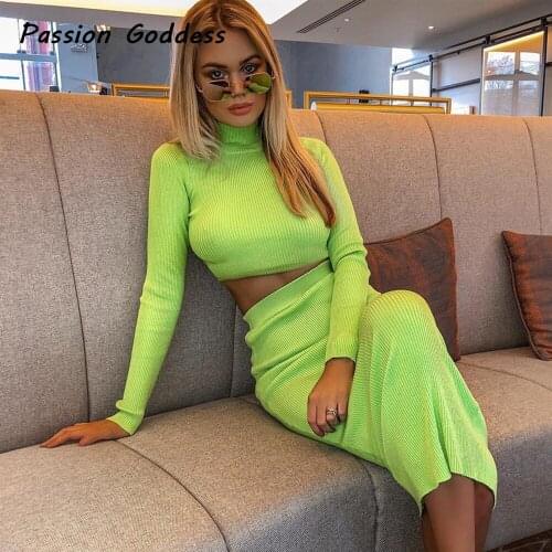 Fall Women 2 Piece Knitted Shirts Skirts Set Outfits Long Sleeve Shirts High Waist Package Hip Long Skirts Two Piece Basic Suits