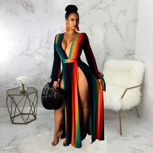 Womens Deep V Neck Long Sleeve High Slit Bodycon Evening Party Gown Maxi Dress 2019 Winter Dress