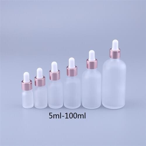 100pcs/lot wholesale 5ml 10ml 15ml 20ml 30ml 50ml 100ml glass frosted essential oil bottle with rose cap dropper