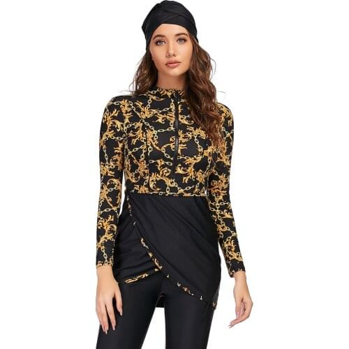 2021 Muslim Swimwear Women Modest Patchwork Hijab Arab Long Sleeve Swimming 3pcs Islamic Burkinis Wear Bathing Suit 4XL size