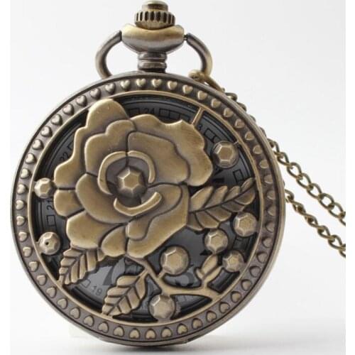 50pcs/lot Bronze Hollowed Rose Flower Quartz Pocket Watch Necklace Pendant Gift Watches Men Women Watches Hot Sell