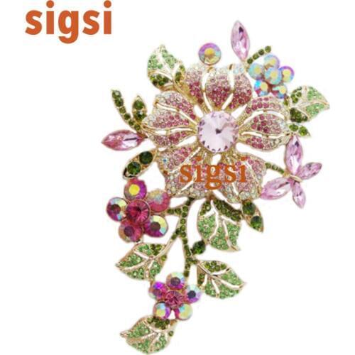 7.8*11.8cm large flower bridal wedding brooch bridesmaid rhinestone pink broach pin