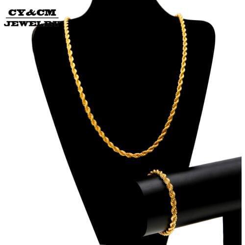 CY&CM 6.5mm Gold Silver Color Iced Out Rope Chain Men Women Punk Hip Hop 30" Long Necklace 8" Bracelet Bling Bling Jewelry Set