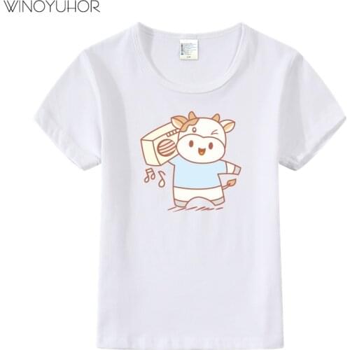 Kids Music Cow Cartoon Print T-Shirt Children Funny Animal Clothes Girls Boys Summer Short Sleeve Baby T Shirt Cotton