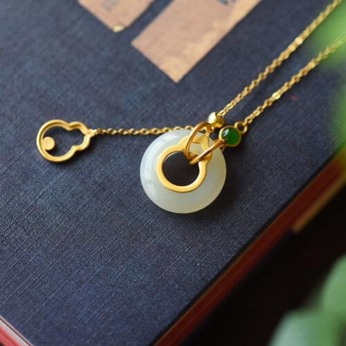 Natural Hetian White Jade Gourd Peace Buckle STAY WITH YOU FOREVER Necklace Pendant S925 Sterling Silver Ancient Silver Gift