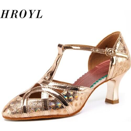 HROYL Top Latin modern dance shoes for women PU Shiny fashion sexy ballroom dance shoe Rubber/Suede high heels soft comfortable