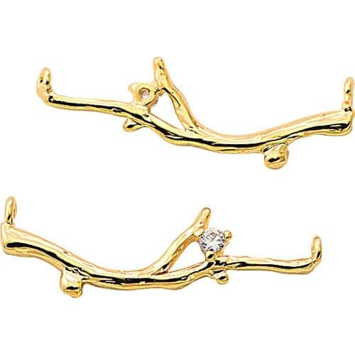 5pcs 6*20mm 24K Champagne Gold Color Plated Brass With White Zircon Branches Charms Necklace Connector Pendants Jewelry Supplies
