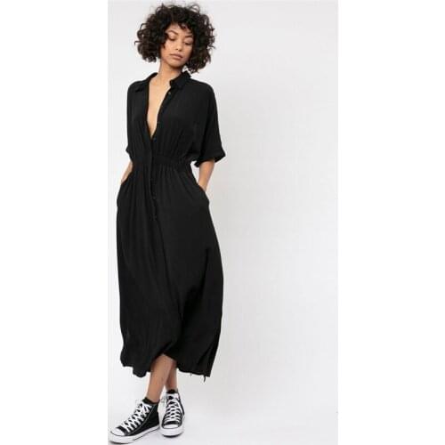 Minimalist Shirt Dress Women Black Classic French Less Is More Stylish Midi Dress Long Tshirt Single Breasted Casual ALine Skirt